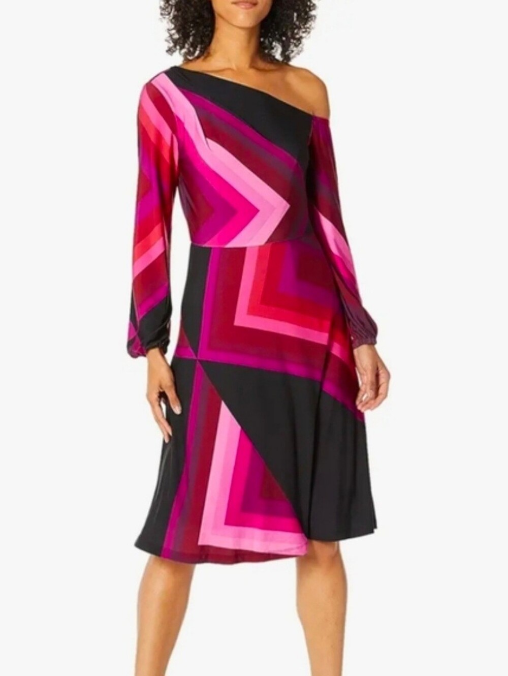 Trina Turk Black and Pink Geometric Long-Sleeve Dress